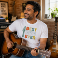 White t-shirt with 'Best Dad Ever' guitar chord diagram and headstock design
