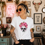 White t-shirt with pink floral skull design topped with roses