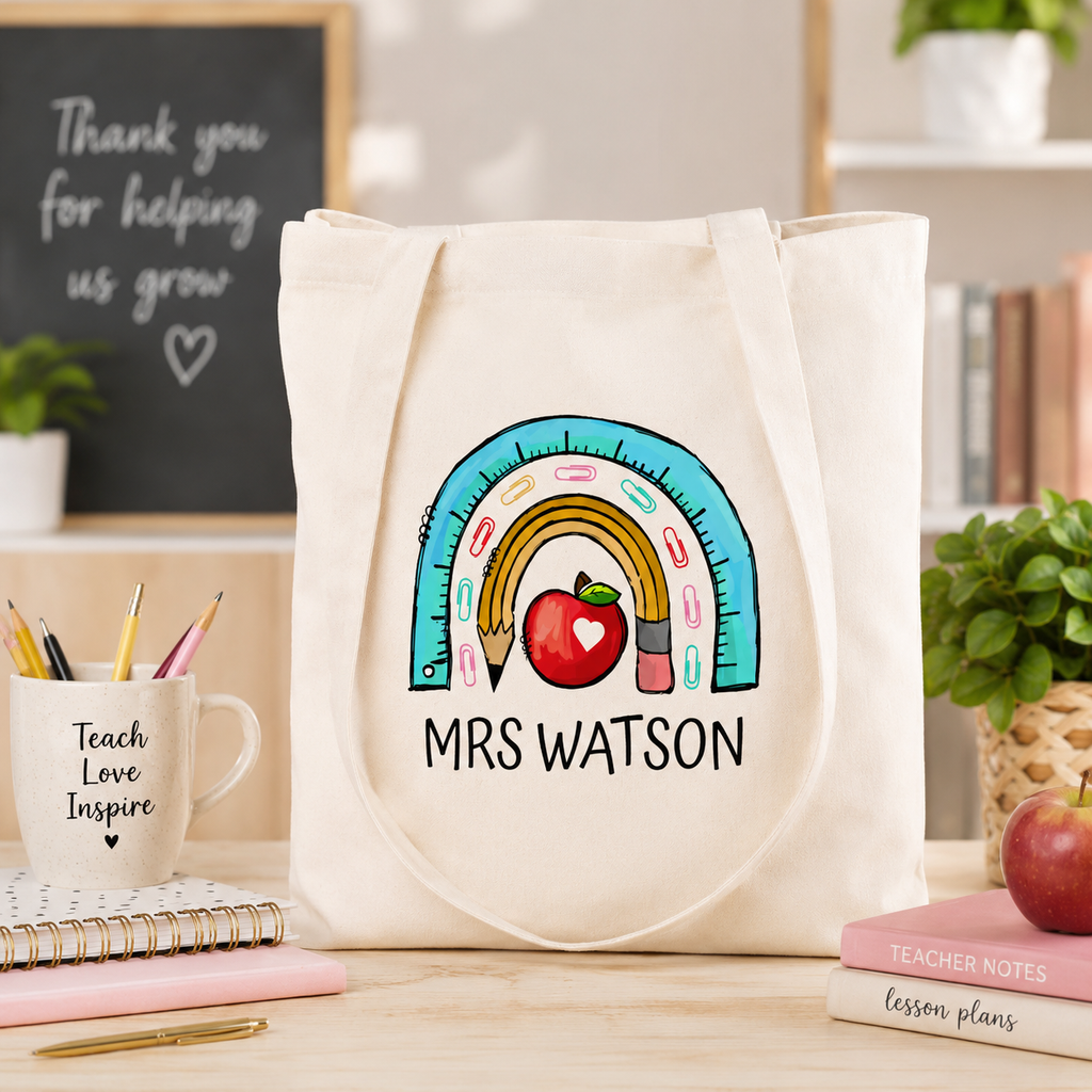 Personalised teacher tote bag with rainbow, apple and pencil design and the name 'Mrs Watson'