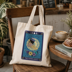 Coffee lover tote bag with 'The Coffee Addict' tarot style print, styled with coffee