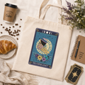 Natural cotton tote bag with 'The Coffee Addict' tarot style skeleton and coffee design
