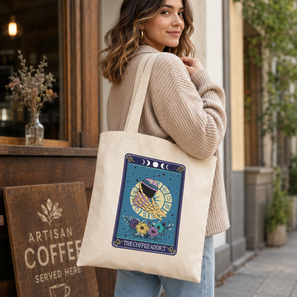 Cotton tote bag printed with 'The Coffee Addict' tarot style skeleton hands and cup