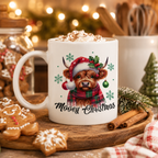Christmas highland cow mug with santa hat, scarf and 'Mooey Christmas' wording
