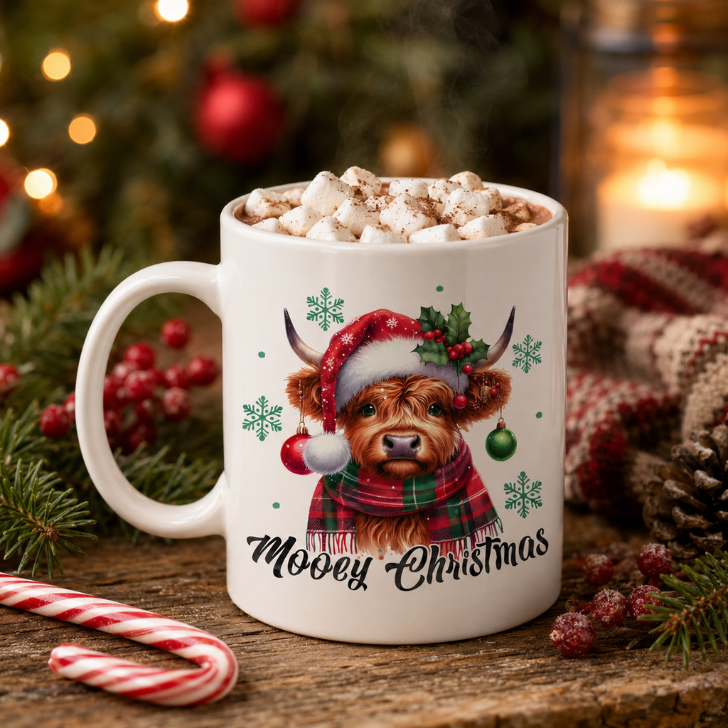 White festive mug with highland cow illustration and Christmas snowflakes