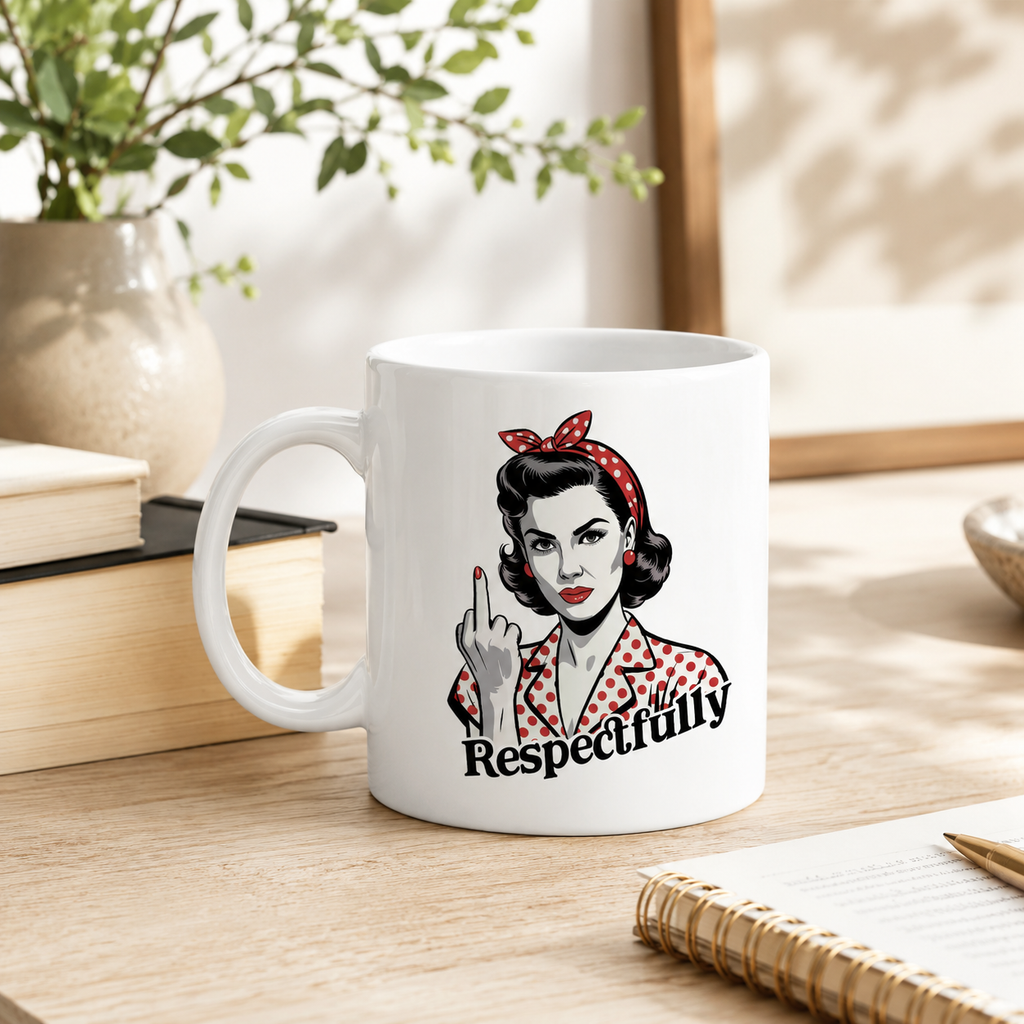 Snarky white mug with vintage pin-up design and 'Respectfully' wording