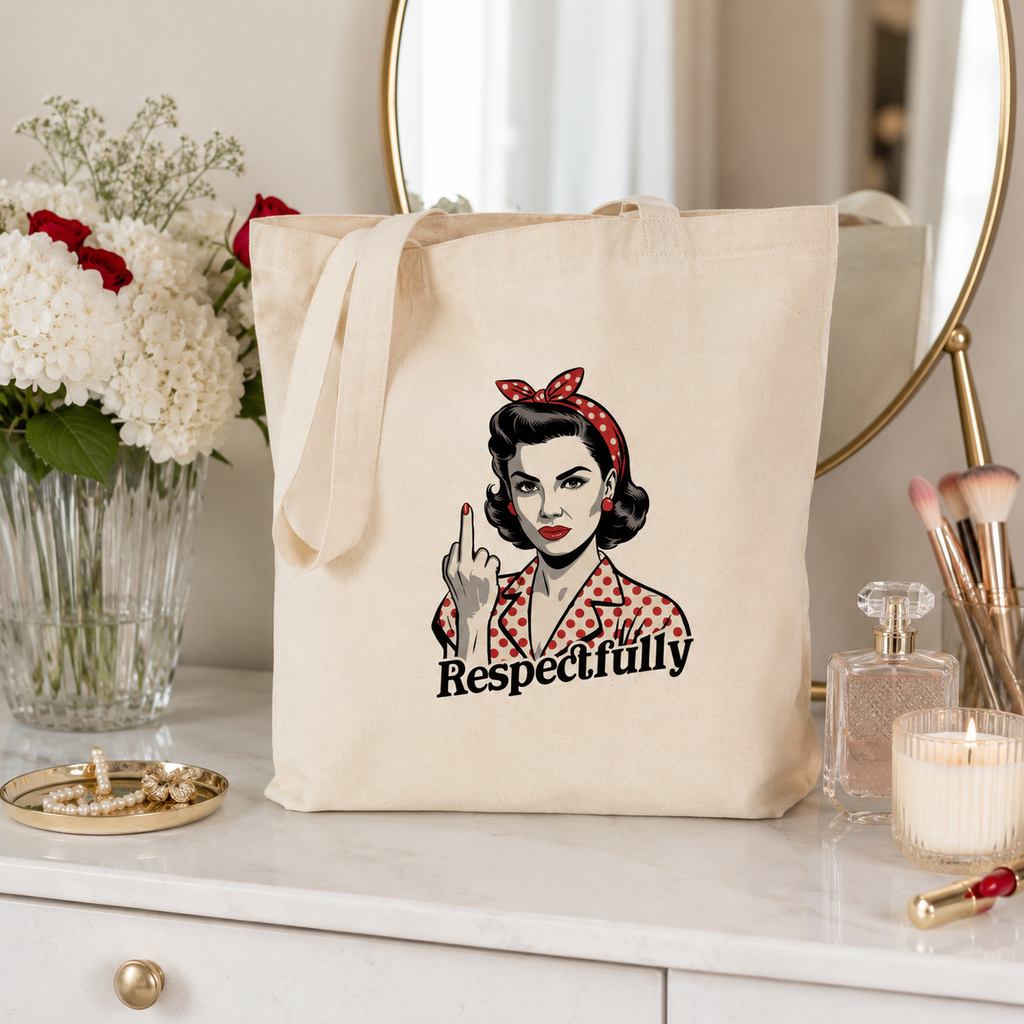 Cheeky cotton tote bag with retro woman design and 'Respectfully' wording
