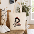 Natural cotton tote bag with retro pin-up illustration and 'Respectfully' slogan