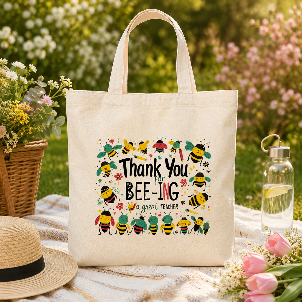 Teacher thank you tote bag with bright bee design and playful slogan