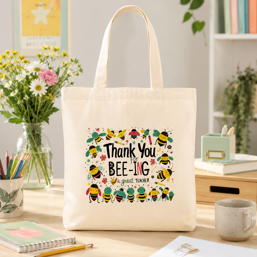 Bee-themed teacher tote bag with colourful illustration and thank you wording