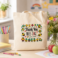 Natural cotton teacher tote bag with colourful bees and 'Thank You For Bee-ing A Great Teacher'
