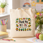 Natural cotton teacher tote bag with colourful bees and 'Thank You For Bee-ing A Great Teacher'
