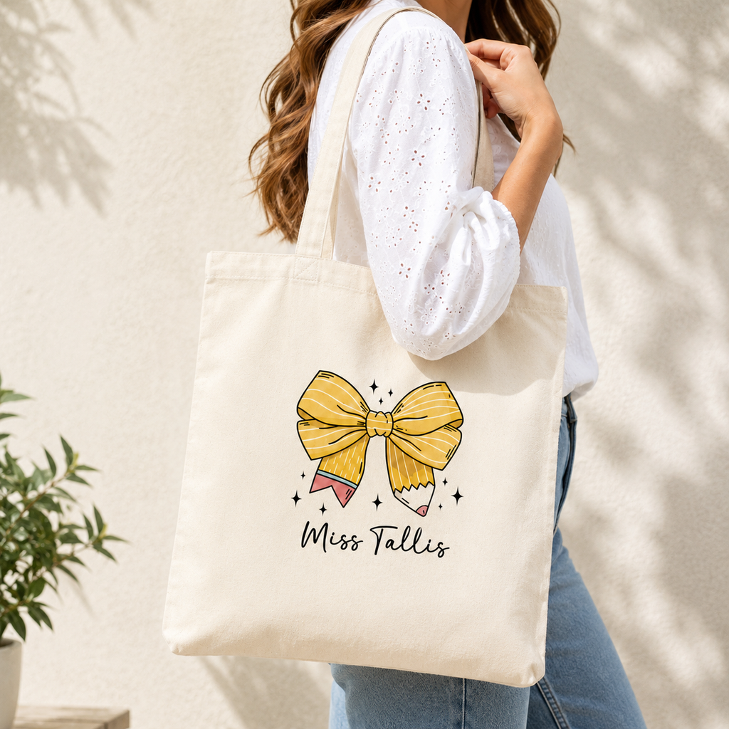 Personalised pencil bow teacher tote bag with name in handwritten style