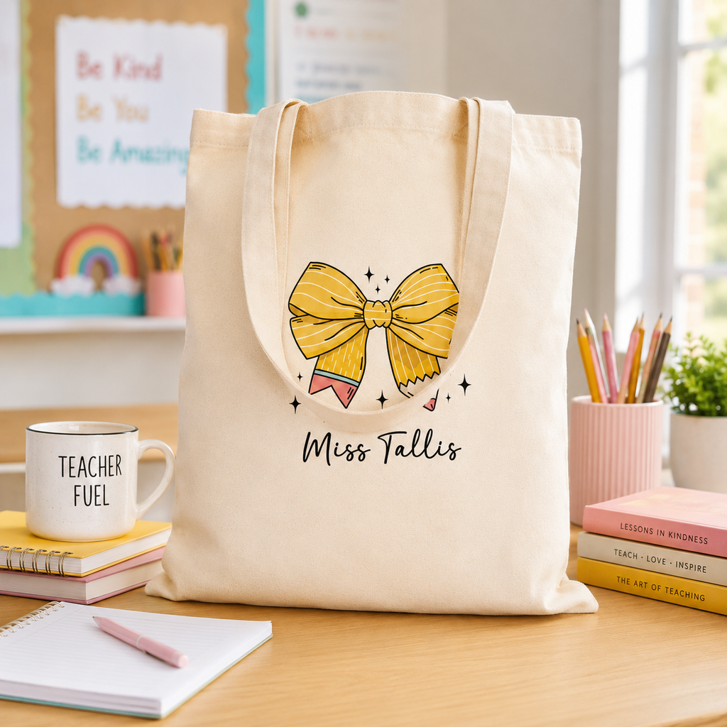 Personalised teacher tote bag with yellow pencil bow design and 'Miss Tallis' name