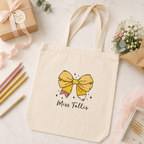 Natural cotton teacher tote bag with yellow pencil bow and personalised name