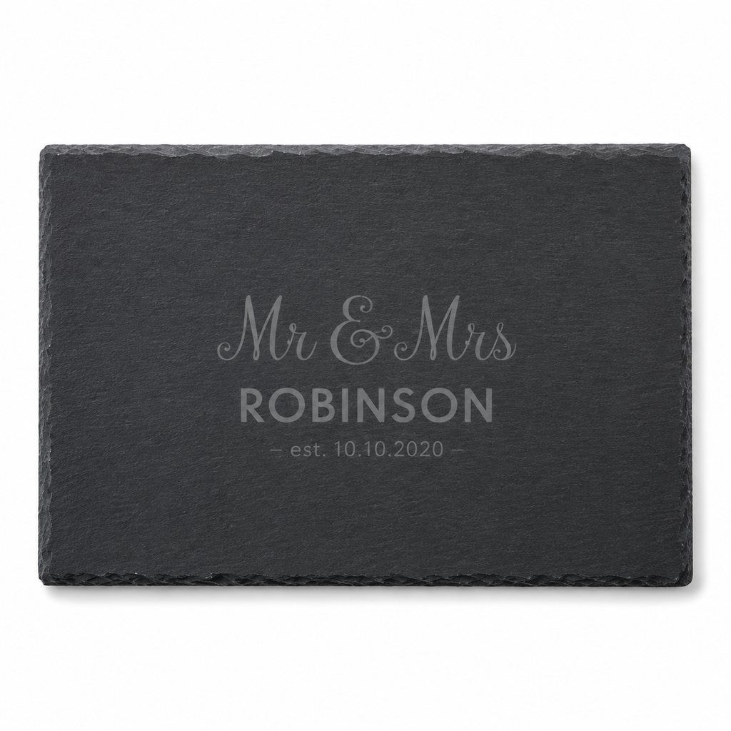 Custom engraved slate cheeseboard for couples, creating a thoughtful wedding, anniversary or new home gift.