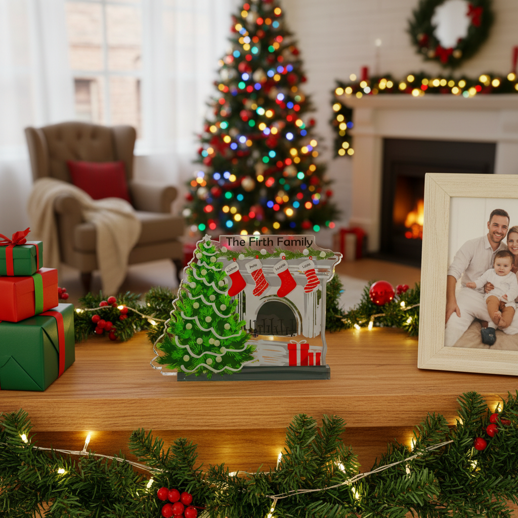 Decorative Christmas scene with a tree, presents, and family photo on a mantelpiece.