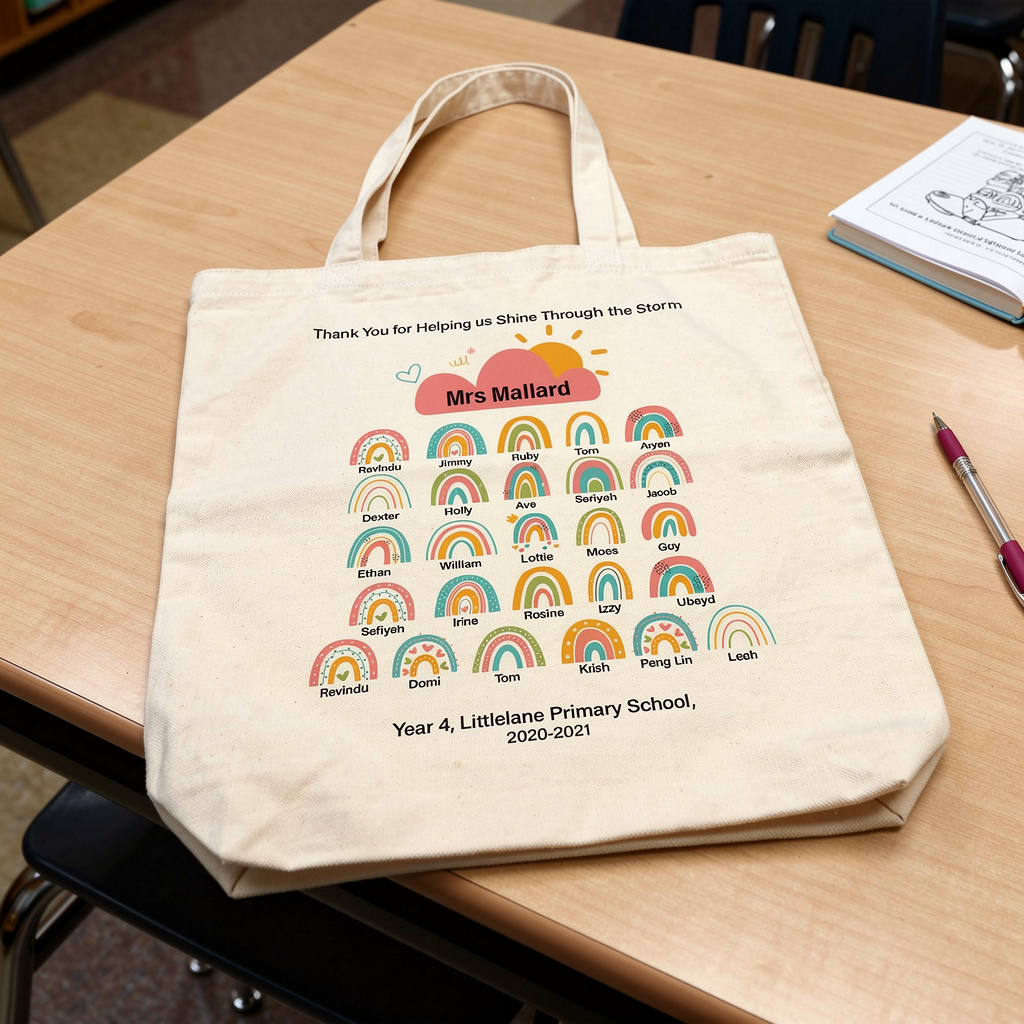 Beige tote bag with rainbow design and text on a wooden table