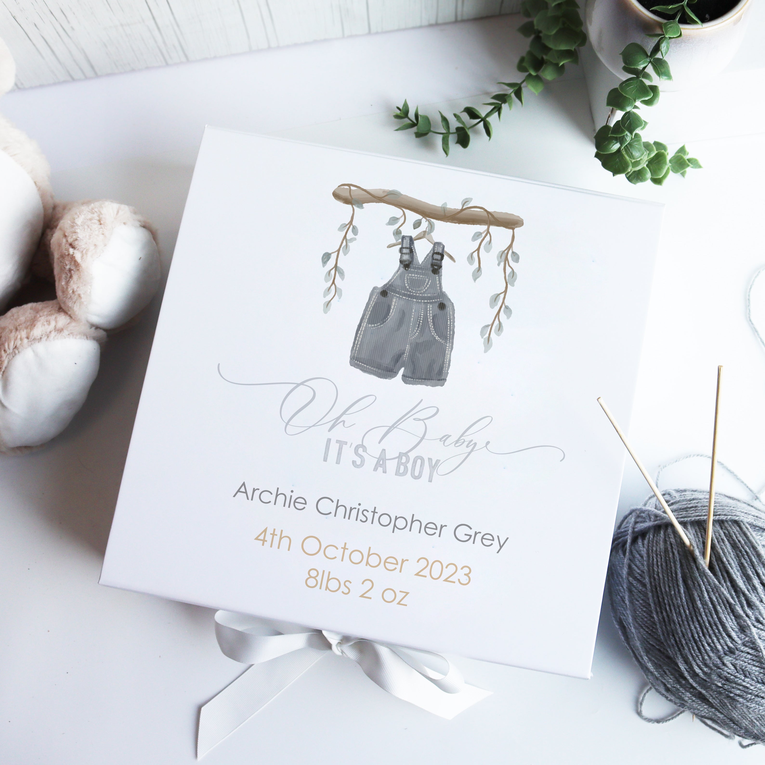 Luxury white baby gift box featuring watercolour bear design, ideal for baby showers or welcoming a new baby.