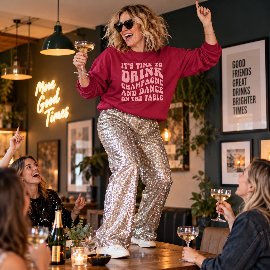 Woman wearing the burgundy slogan sweatshirt and sequin trousers, dancing on a table at a party with a champagne glass raised.