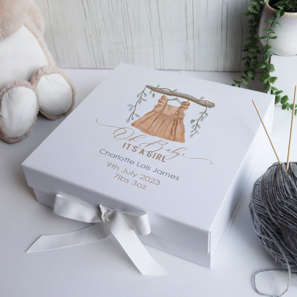 Personalised white luxury baby gift box with watercolour bear design, customised with baby’s name, birth date, and weight.
