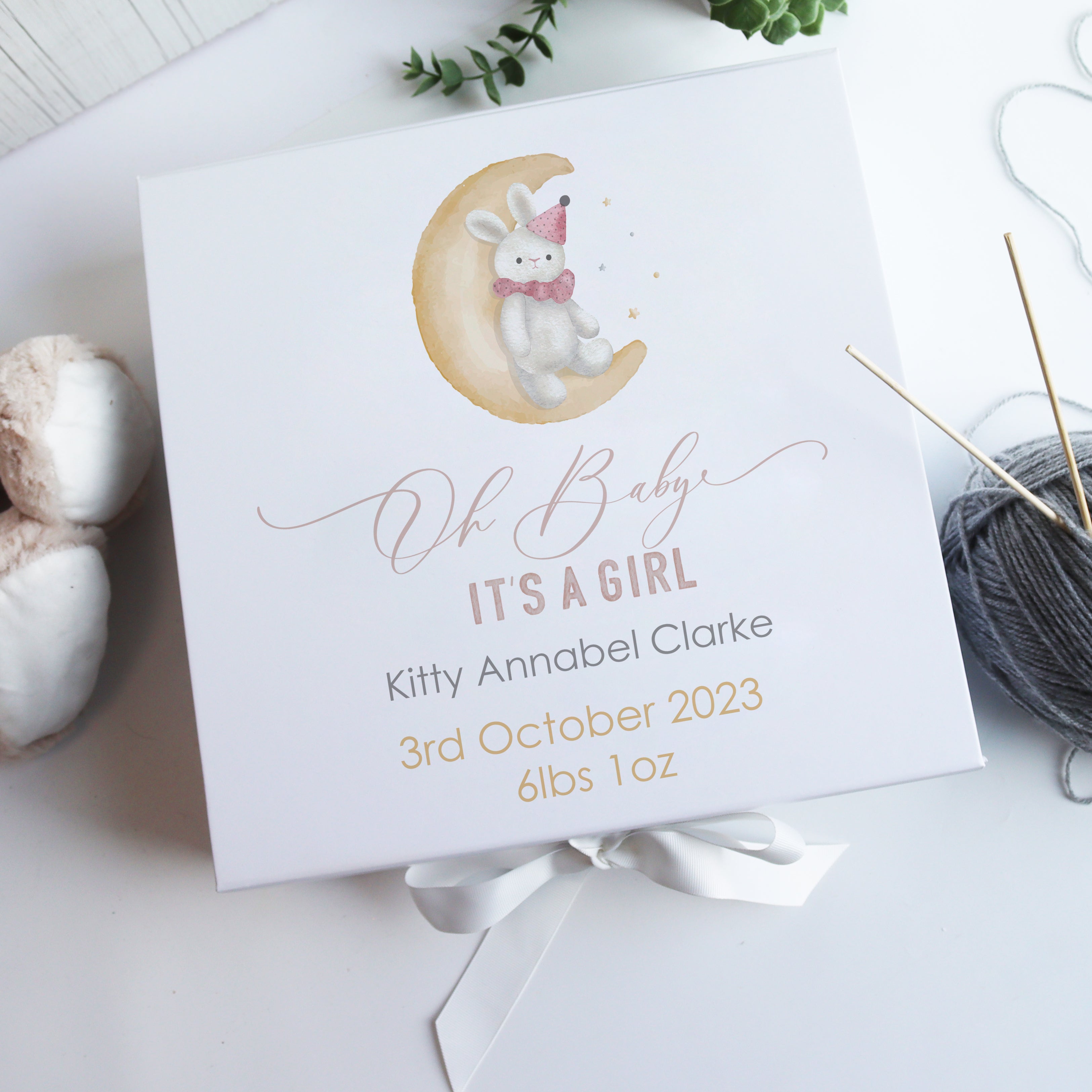 Personalised baby memory box with whimsical watercolour design, perfect for newborn gifts and luxury keepsakes.