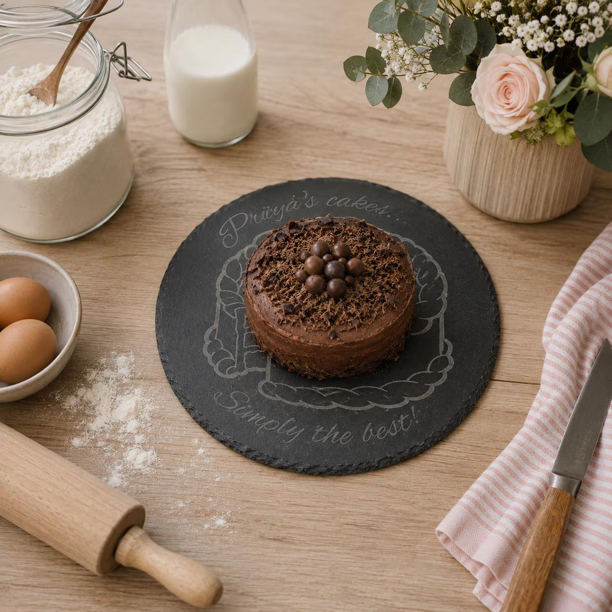 Engraved circular slate serving board displayed with a selection of wooden and metal kitchen utensils.
