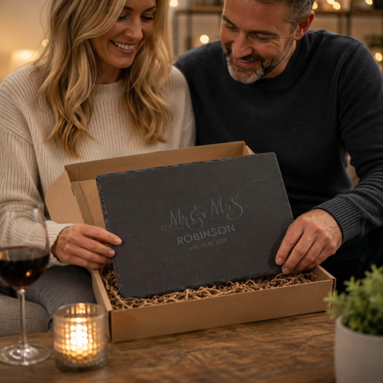Engraved slate cheese board featuring a personalised surname, styled with simple food and botanical details.