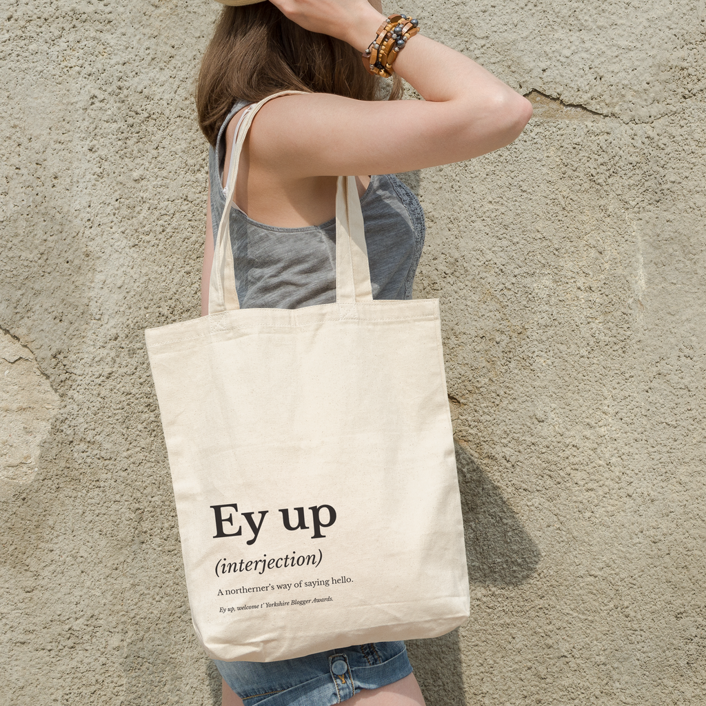 Cotton tote bag with a humorous Yorkshire 'Ey up' definition print