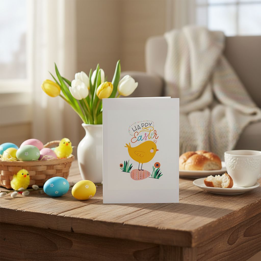 Easter card with chick design on a table with Easter decorations