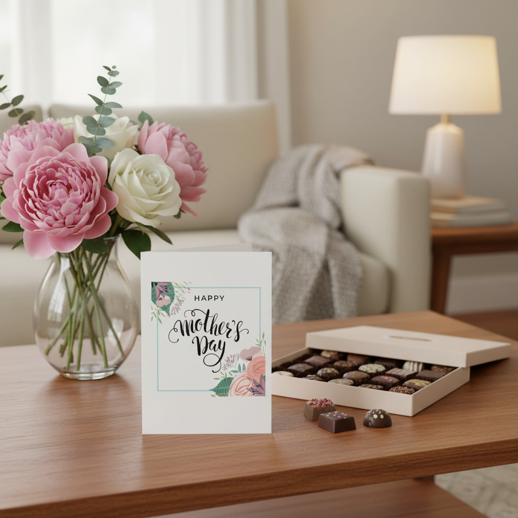 Mother's Day card with flowers and chocolates on a table