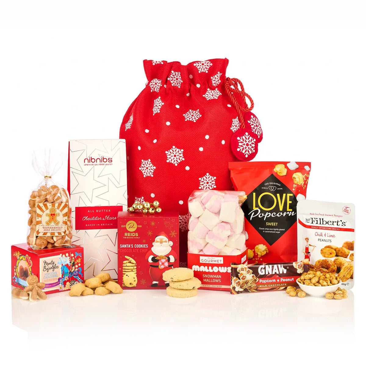 The Christmas Cheer Hamper with Santa shortbread, snowman marshmallows, popcorn, truffles and peanuts by a red snowflake present bag