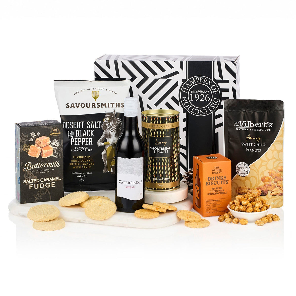 Wine & Treats Gift Box Hamper with a mini bottle of Waters Edge Shiraz, crisps, fudge, shortbread and peanuts by a gift box