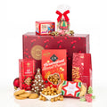 The Joybells Alcohol Free Christmas Hamper with popcorn, oat crumbles, cheddar biscuits, mince pies and a chocolate tree