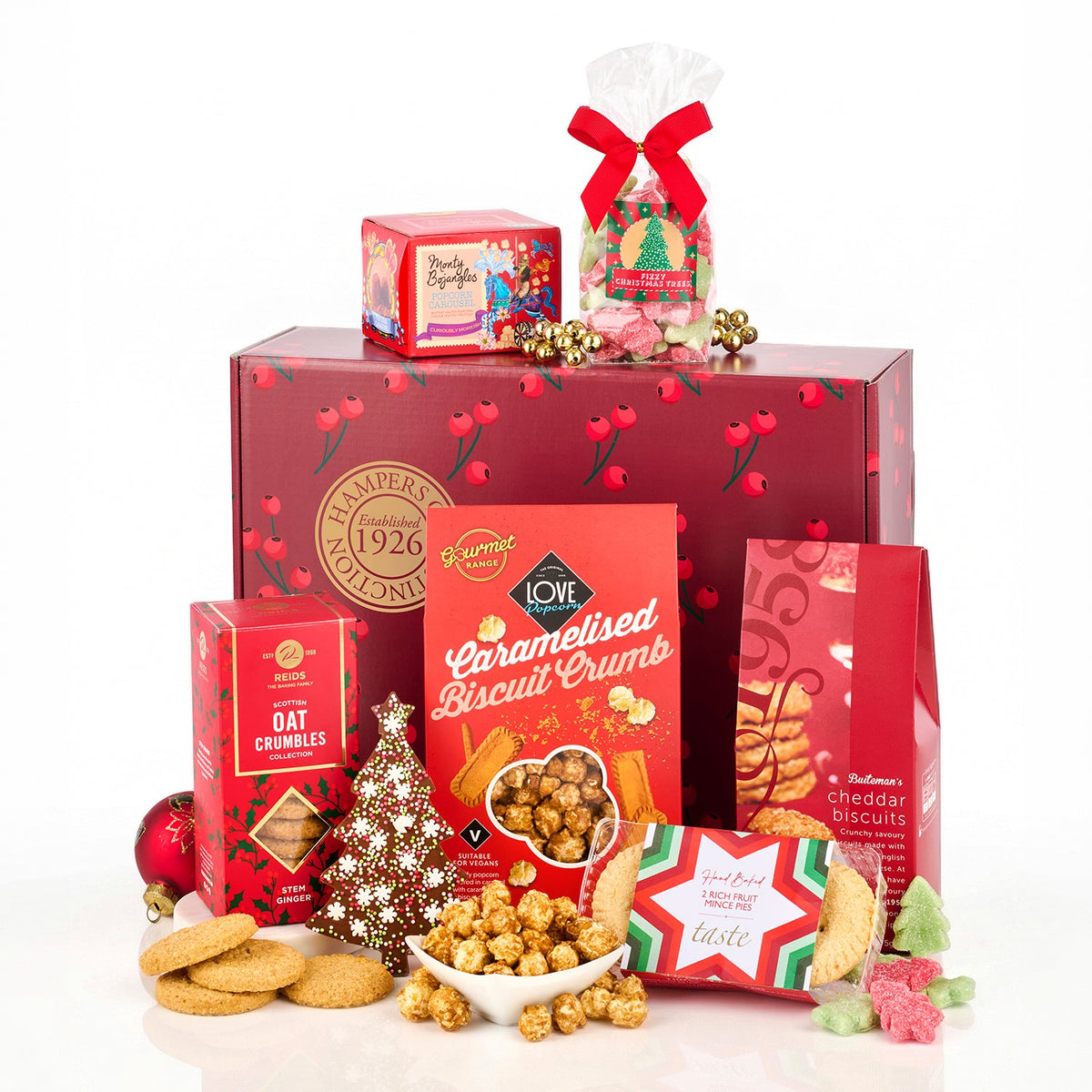 The Joybells Alcohol Free Christmas Hamper with popcorn, oat crumbles, cheddar biscuits, mince pies and a chocolate tree