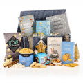 Frosted Gift Hamper with mince pies, shortbread, wafer rolls, popcorn, crisps and mixed nuts in a grey woven basket