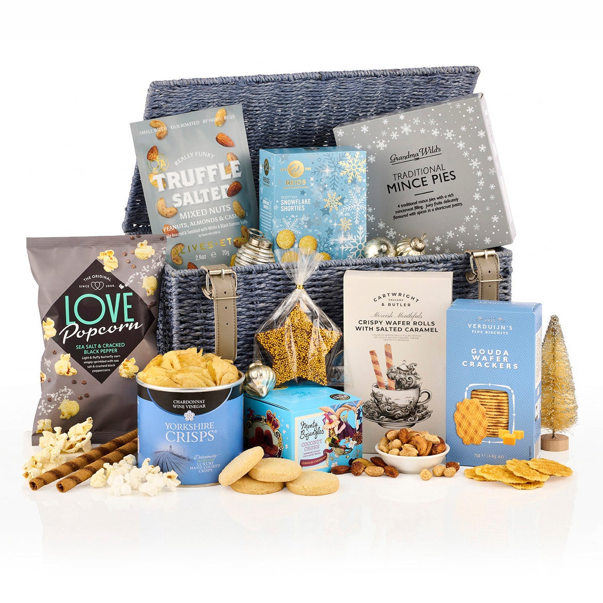 Frosted Gift Hamper with mince pies, shortbread, wafer rolls, popcorn, crisps and mixed nuts in a grey woven basket