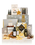 Silver Indulgence Hamper with mini Bottega Prosecco, red and white wine miniatures, pralines, popcorn and wafer rolls