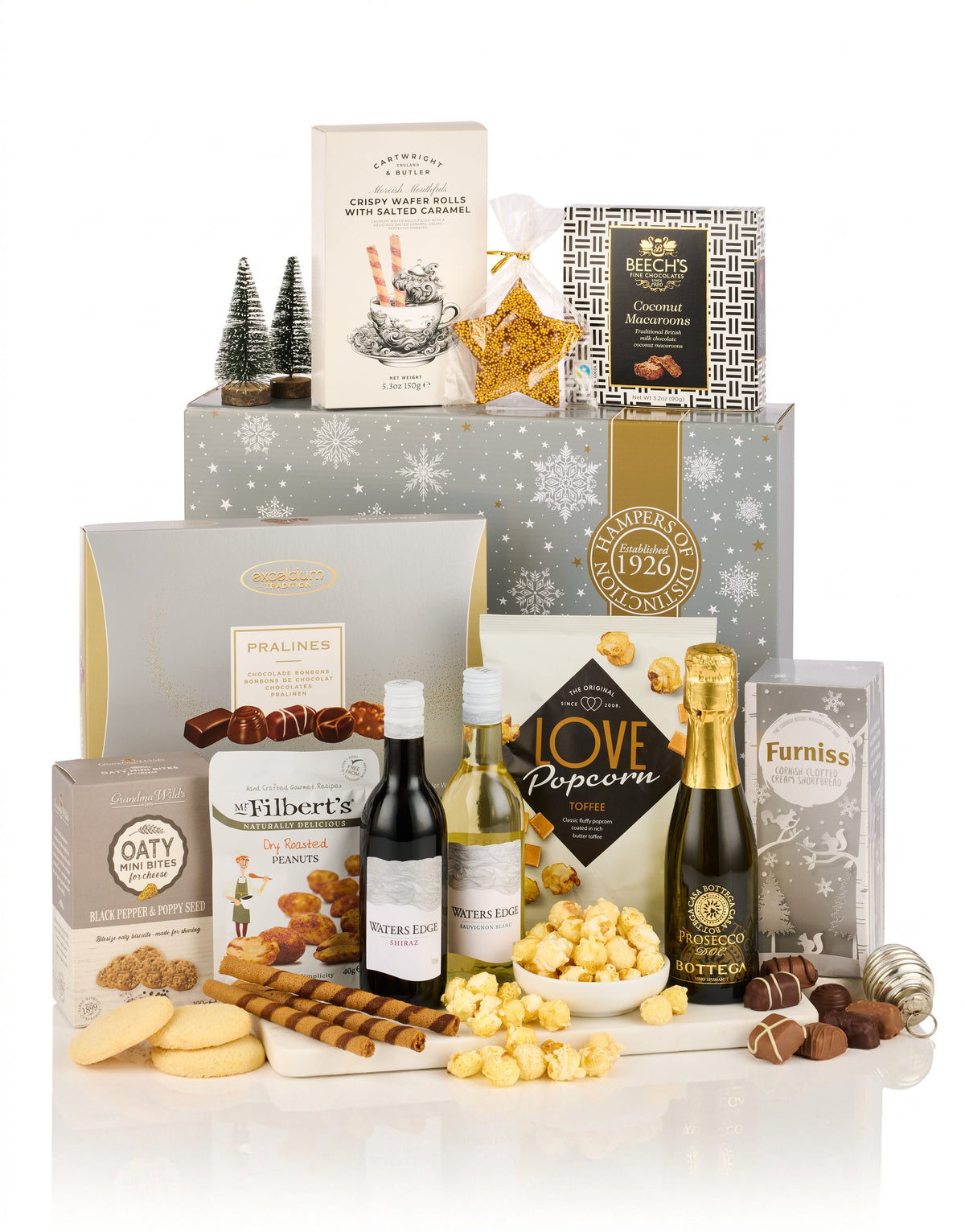 Silver Indulgence Hamper with mini Bottega Prosecco, red and white wine miniatures, pralines, popcorn and wafer rolls