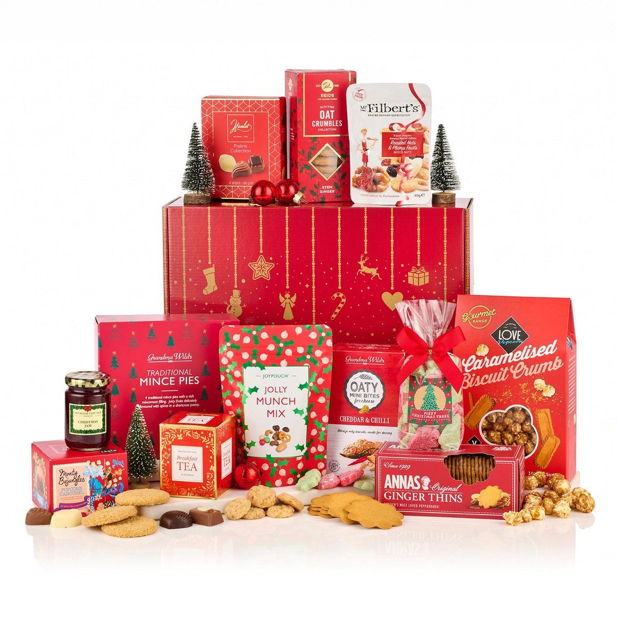 The Redsleeves Hamper (Alcohol Free) with mince pies, popcorn, ginger thins, tea, jam and truffles by a red Christmas gift box