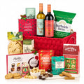 Merry & Bright Hamper with Deer Point red and white wine, mince pies, crisps, popcorn and chocolates in a red rope basket
