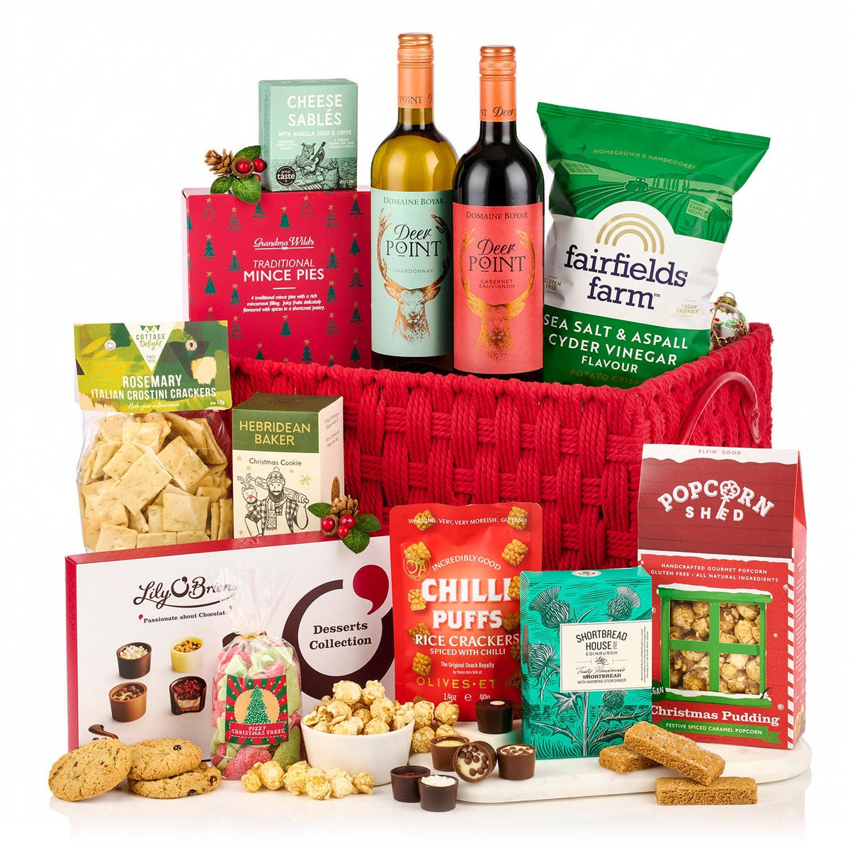 Merry & Bright Hamper with Deer Point red and white wine, mince pies, crisps, popcorn and chocolates in a red rope basket