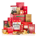 Classic Christmas Gift Box Hamper (Alcohol Free) with mince pies, toffee popcorn, pralines, fudge, tea and nuts by a red gift box