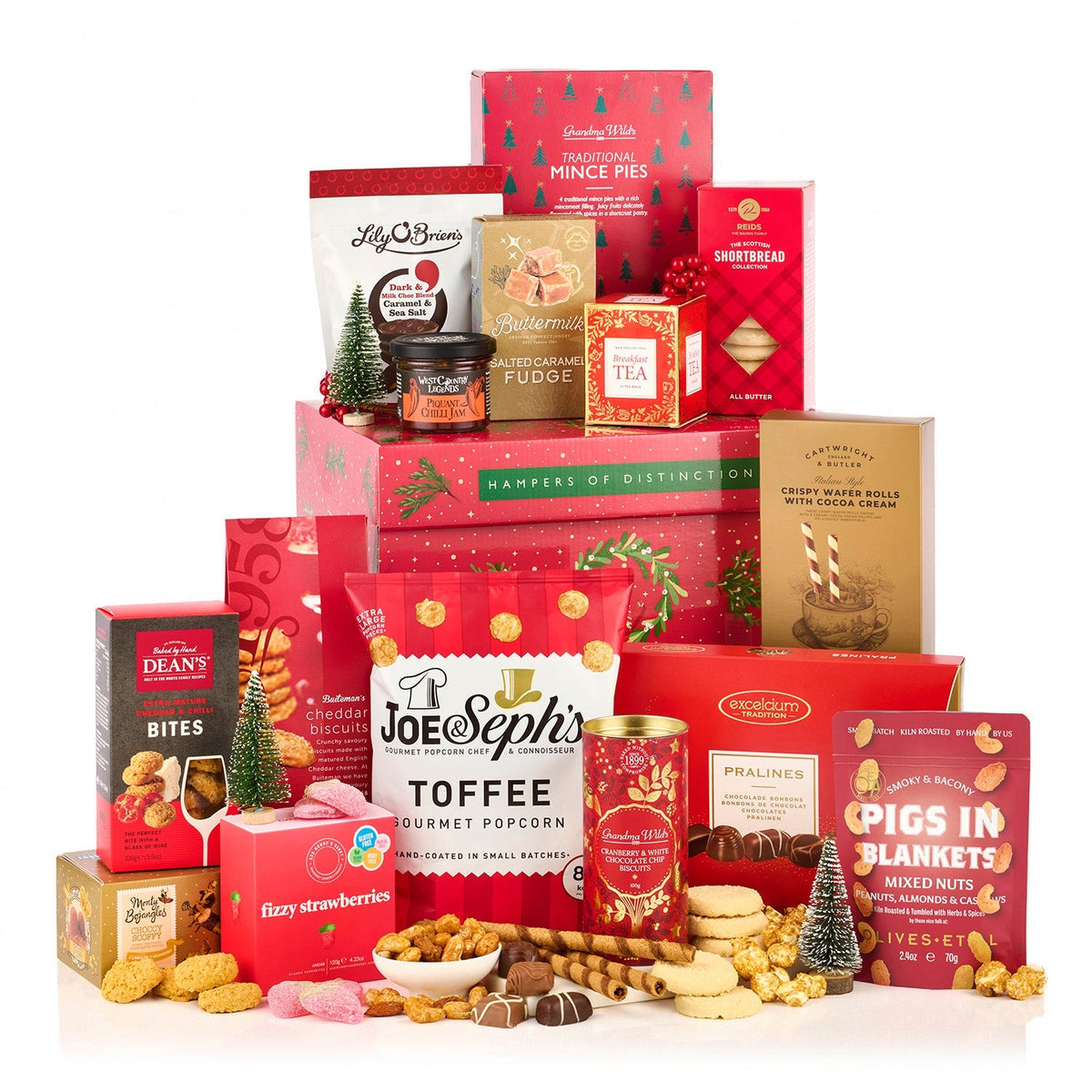 Classic Christmas Gift Box Hamper (Alcohol Free) with mince pies, toffee popcorn, pralines, fudge, tea and nuts by a red gift box