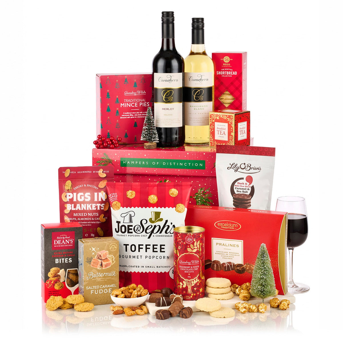 The Classic Christmas Gift Box Hamper with Cavadorra Merlot and Sauvignon Blanc, mince pies, pralines, popcorn and fudge in a red gift box