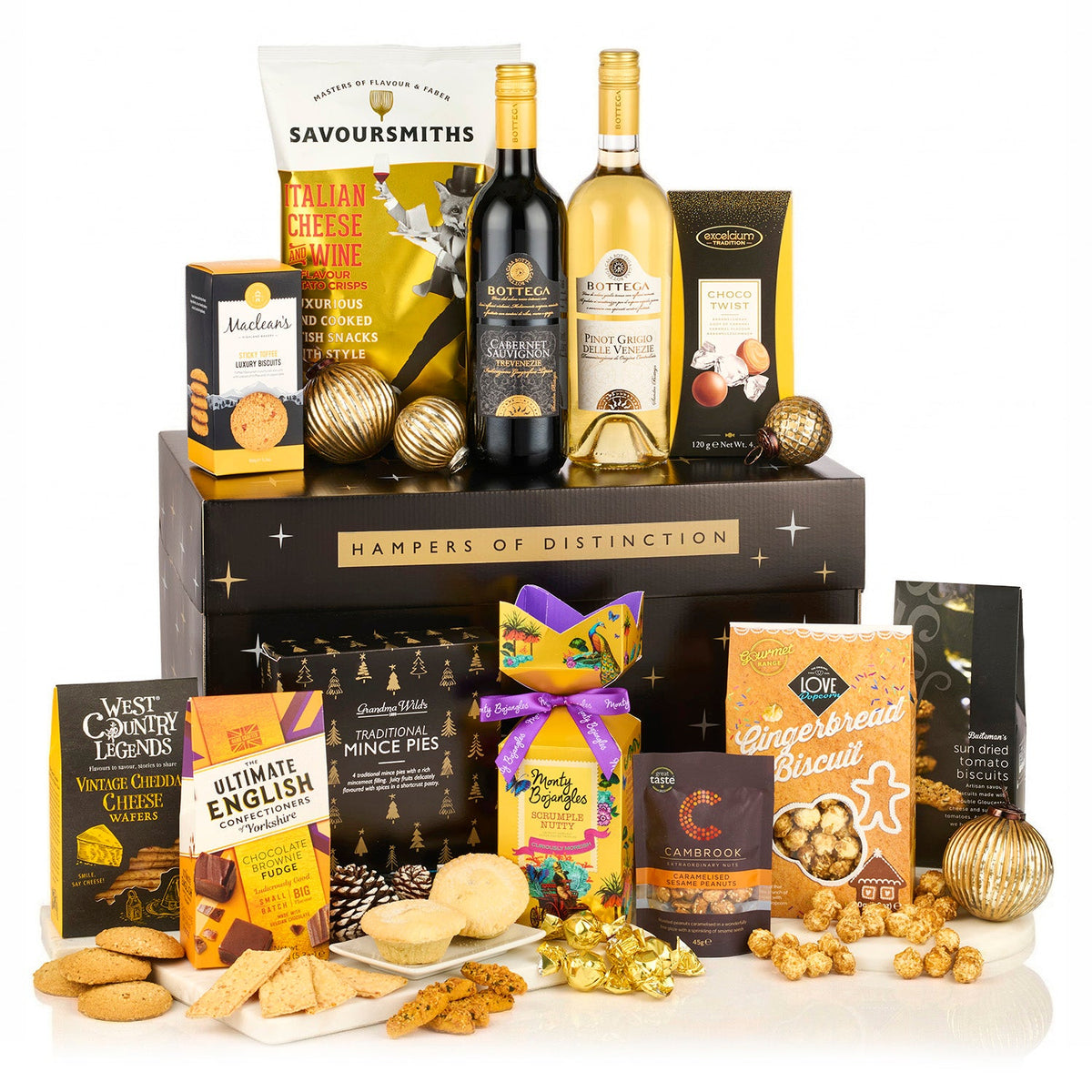 The Fireside Feast Gift Box Hamper with Bottega red and white wine, mince pies, popcorn, fudge and truffles in a black gift box