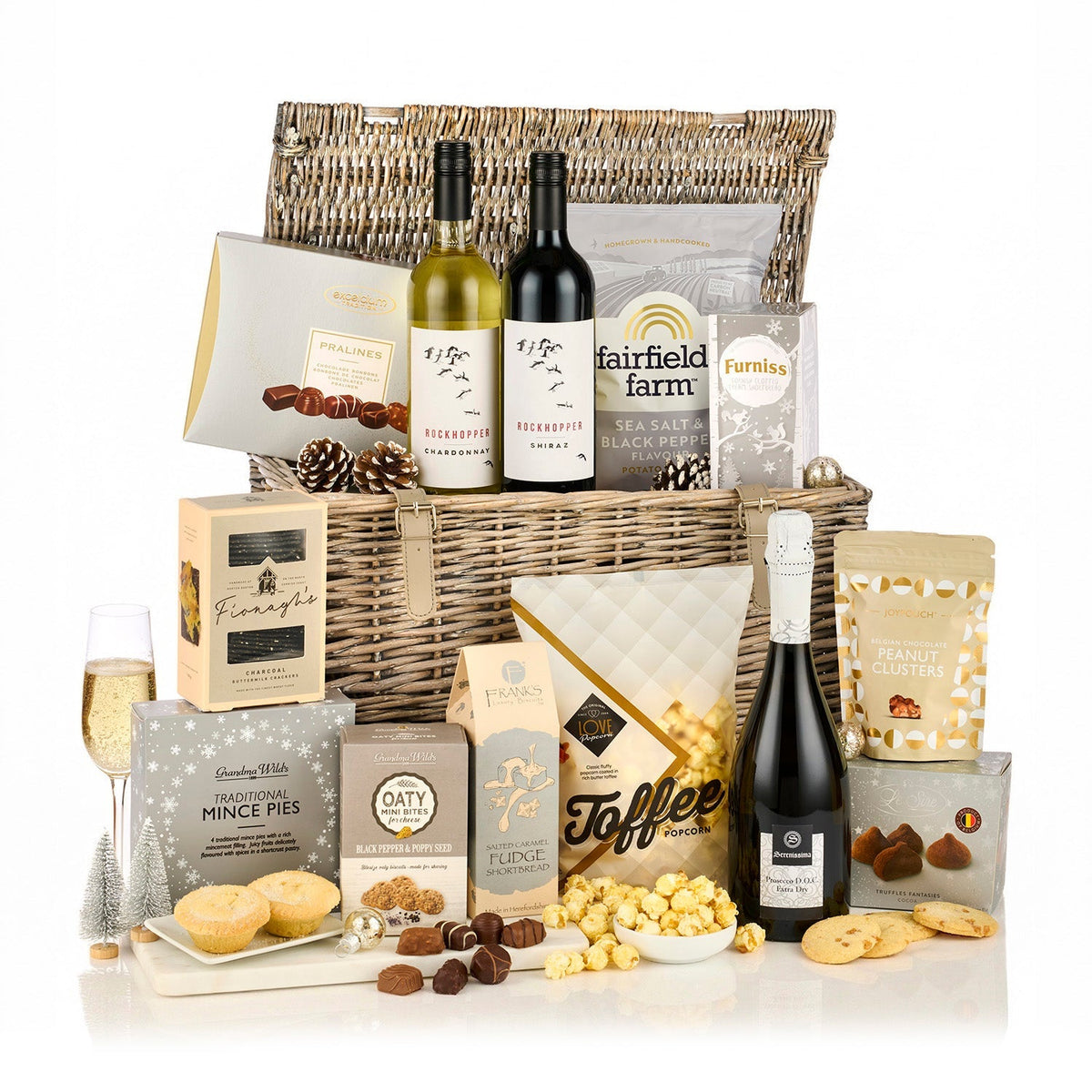Frosty Nights Hamper with Prosecco, Rockhopper Shiraz and Chardonnay, mince pies, popcorn, fudge and truffles in a grey wicker basket
