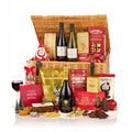 The Excelsior Gift Basket Hamper with Bottega Prosecco, red and white wine, mince pies, fruit cake and shortbread in a wicker basket