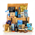 The Christmas Eve Hamper with Prosecco, red and white wine, fruit cake, mince pies, popcorn and chocolates in a wicker basket