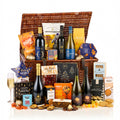 Festive Celebration Hamper with Accademia Prosecco, five red and white wines, fruit cake and mince pies in a wicker basket