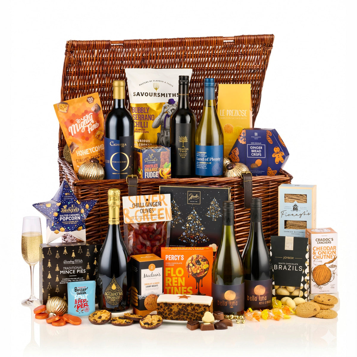 Festive Celebration Hamper with Accademia Prosecco, five red and white wines, fruit cake and mince pies in a wicker basket